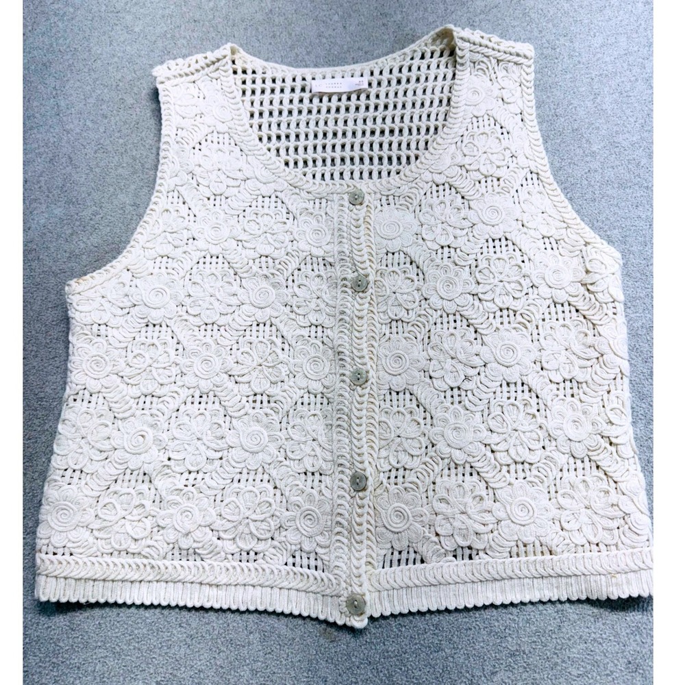 LC Lauren Conrad Crochet Vest Womens XS Cream Floral Open Knit Button Front Boho